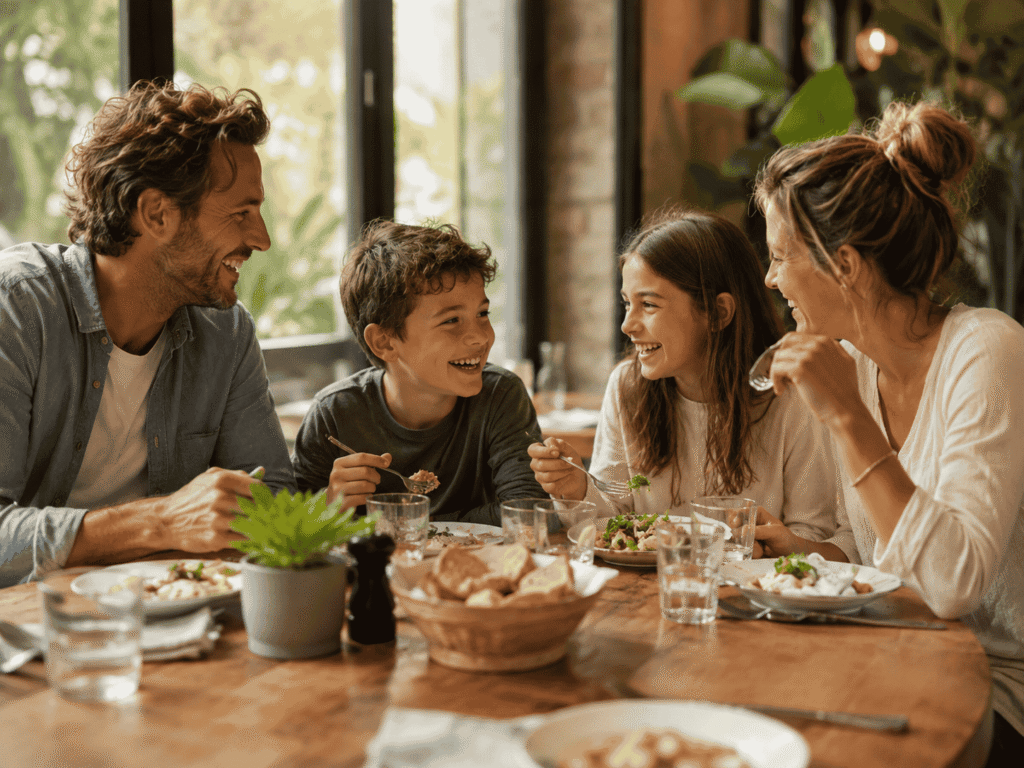 family eating inside restaurant