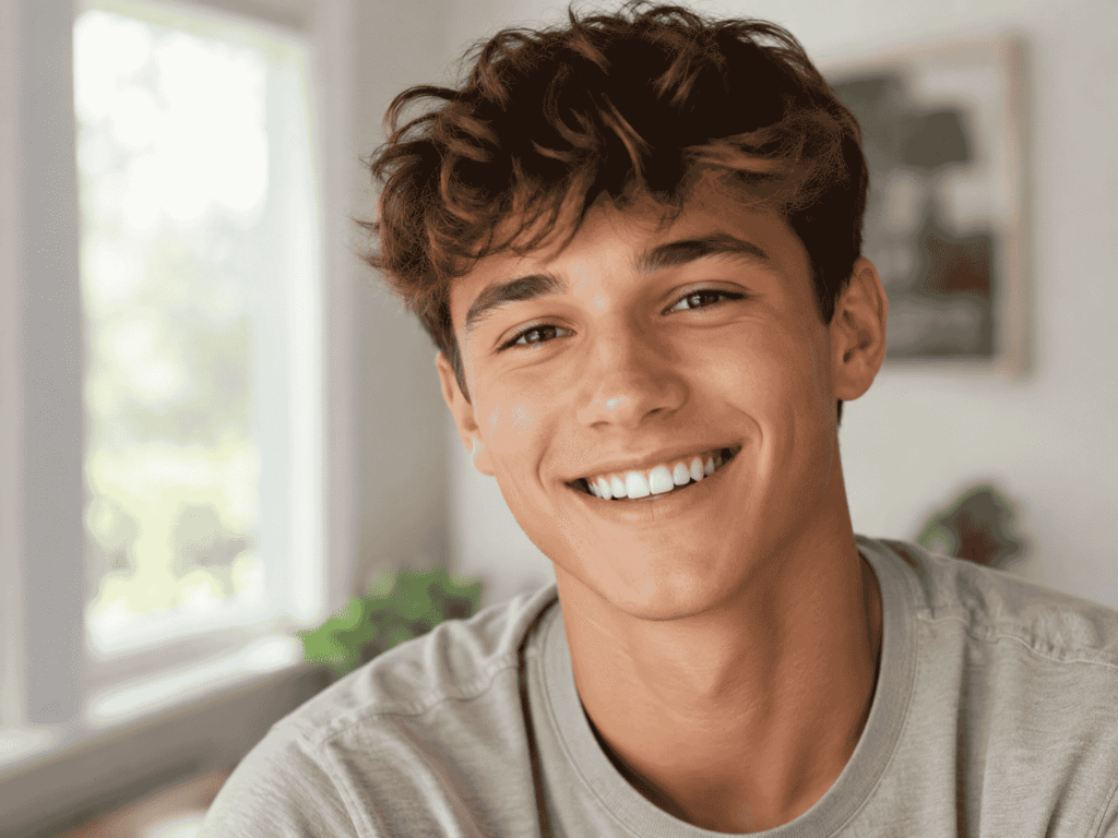 young man smiles showing white teeth after teeth whitening treatment